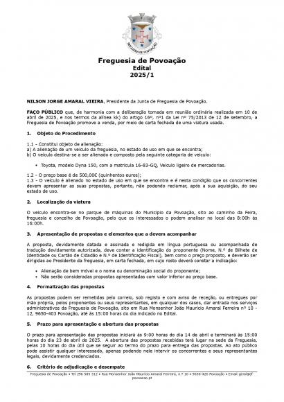 ALIENAÇÃO DE BEM MÓVEL PERTENCENTE AO PATRIMÓNIO DA FREGUESIA